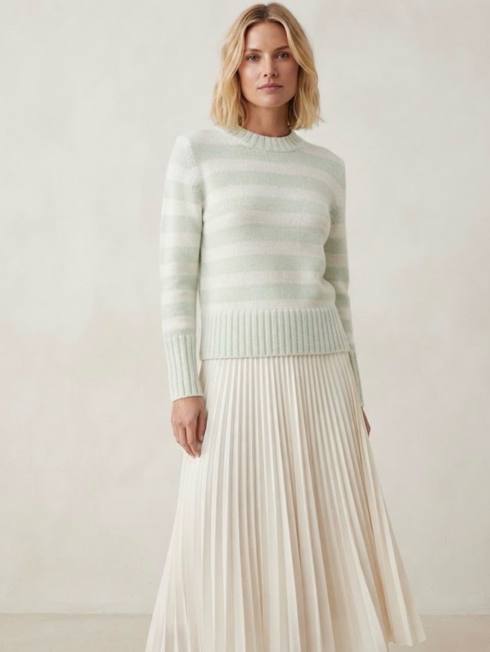 KULE Tatum Soft Striped Crewneck Sweater in Light Green and White